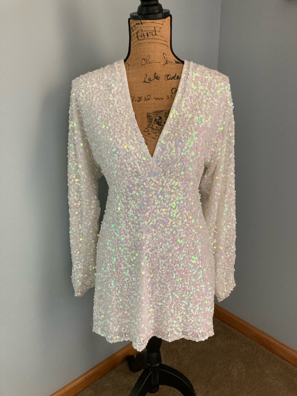 Show Me Your Mumu Iridescent Sequin V-Neck Mini Dress - White